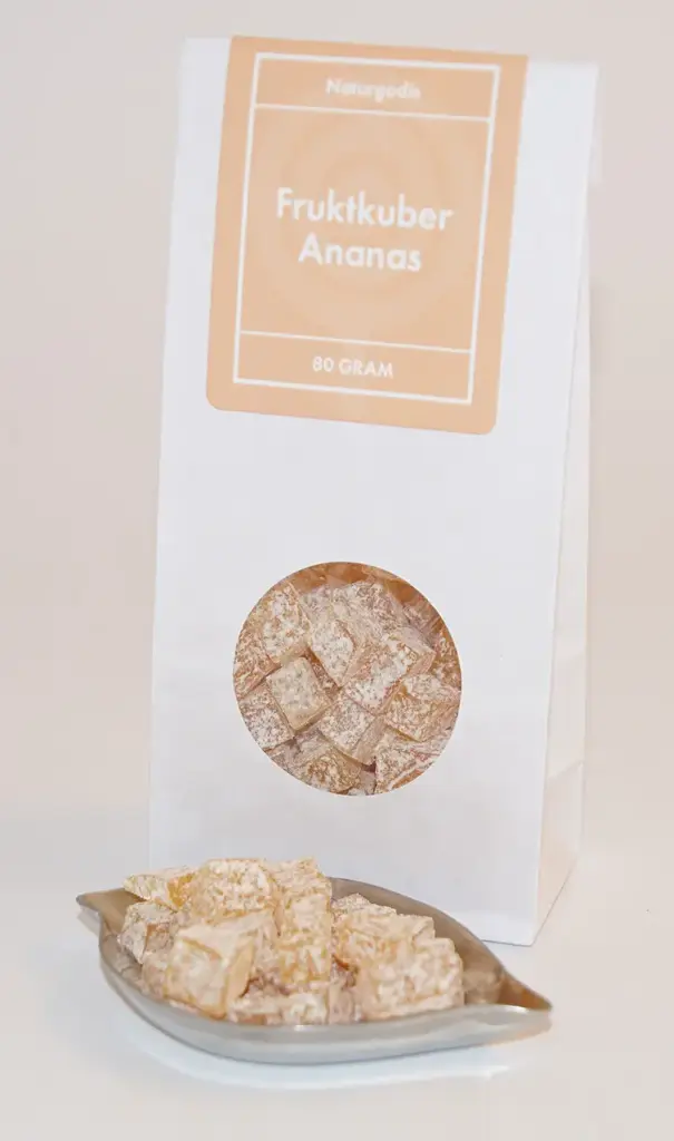 Fruktkuber Ananassmak i vita påsar med fönster 80g