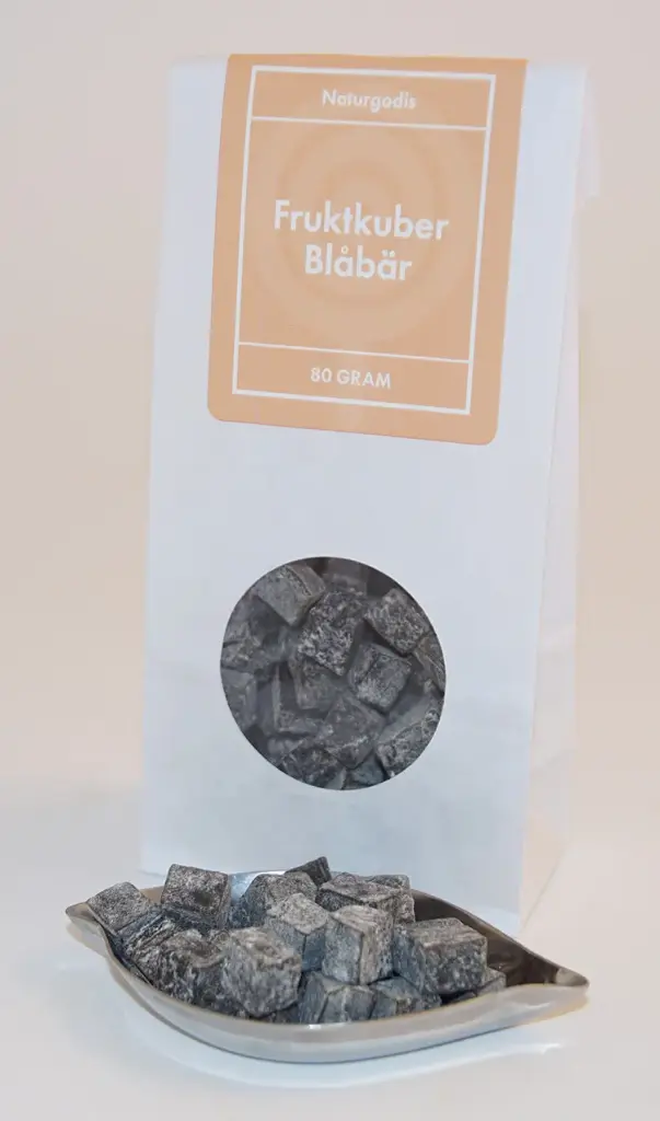 Fruktkuber Blåbärssmak i vita påsar med fönster 80g