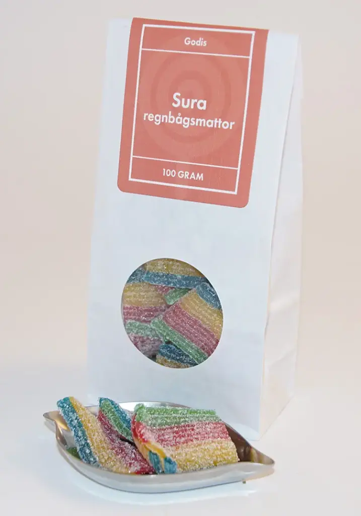 Sura regnbågsmattor i vit påsar med fönster 100g