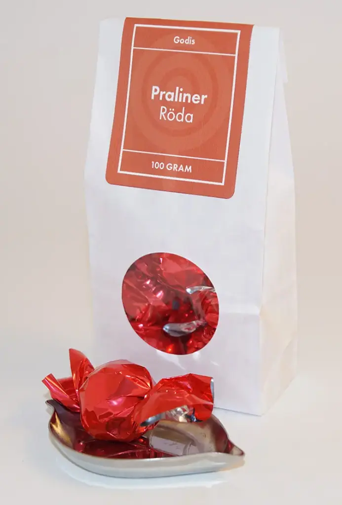 Chokladpralin Rött papper vit påse med fönster 100g