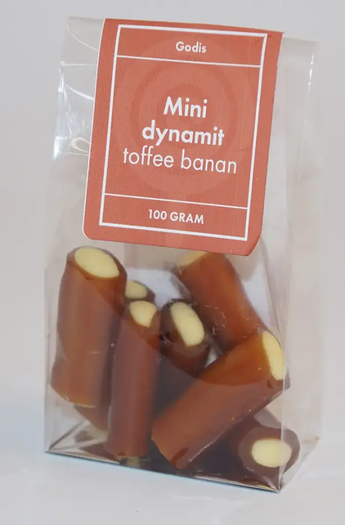 Minidynamite Banana Toffee packed in stand-up pouch 100g