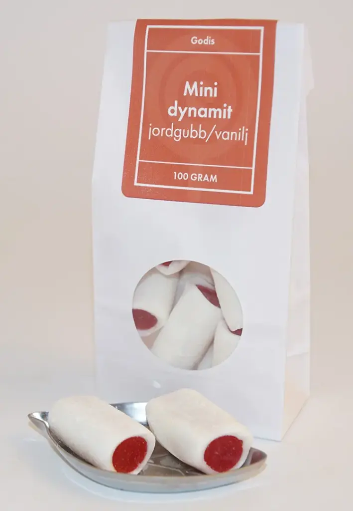 Minidynamite Strawberry/vanilla white bag with window 100g