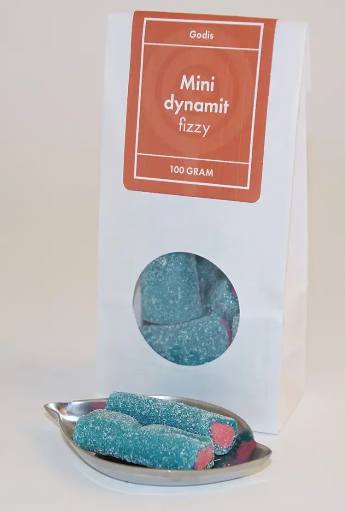 Minidynamit Sur Fizzy vit påse med fönster 100g