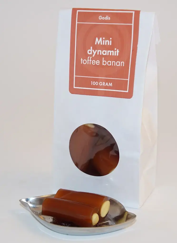 Minidynamit Banana Toffé vit påse med fönster 100g