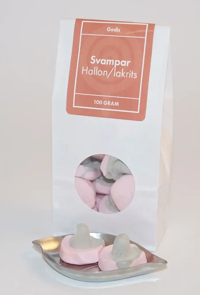 Svampar hallon/lakrits vit påse med fönster 100g