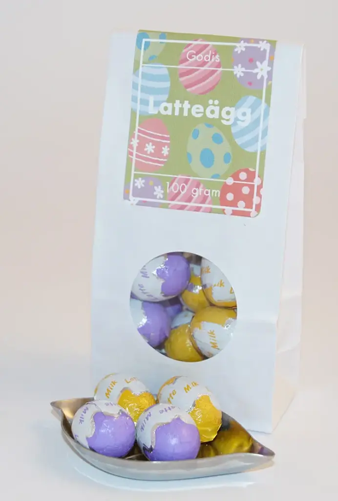 Latteägg 7g vit påse med fönster 100g
