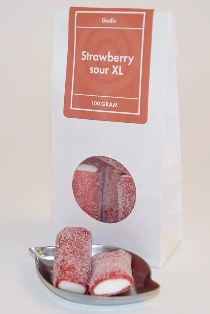 Strawberry sour XL vit påse med fönster 100g