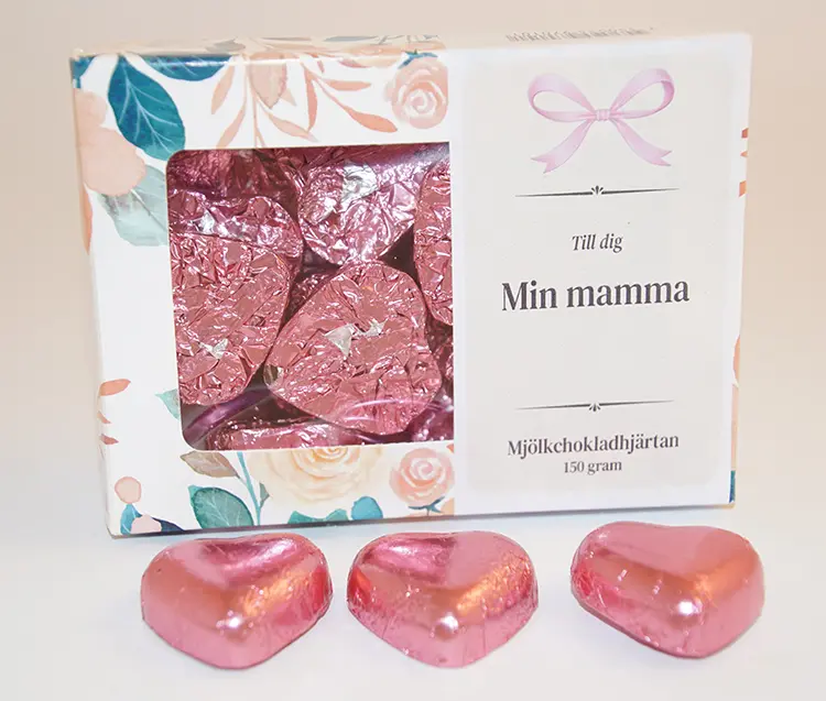Till Dig Min Mamma Chokladhjärtan 150g rosa papper i ask A