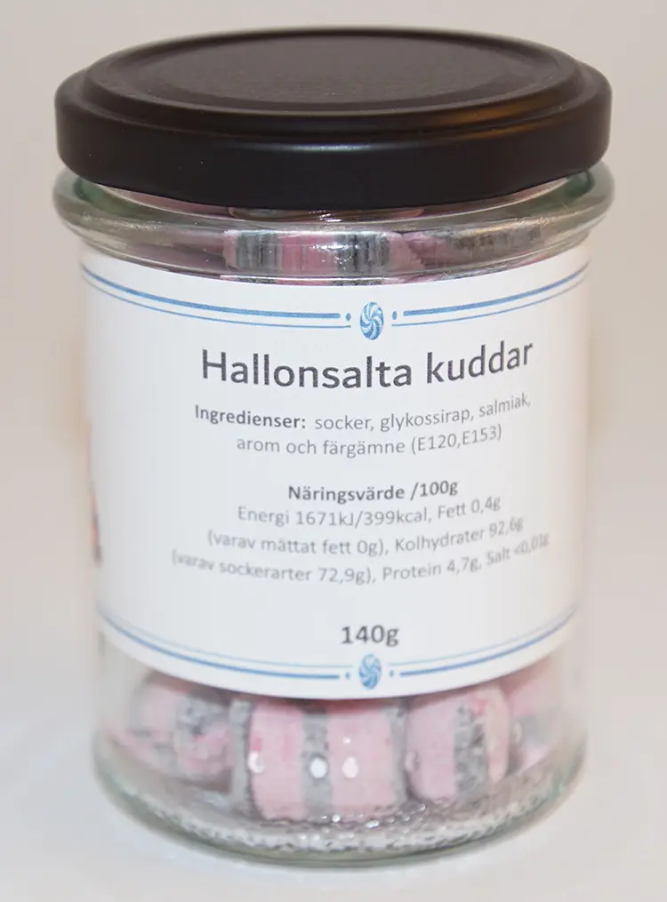Hallonsalta kuddar i glasburk 140g
