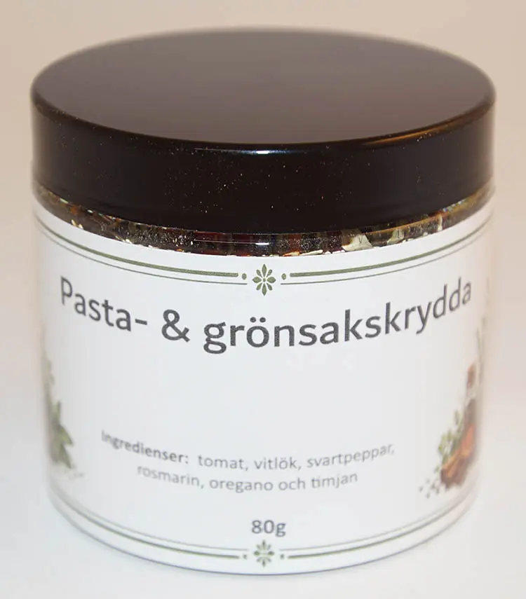 Pasta o grönsakskrydda i petburk med svart lock 80g