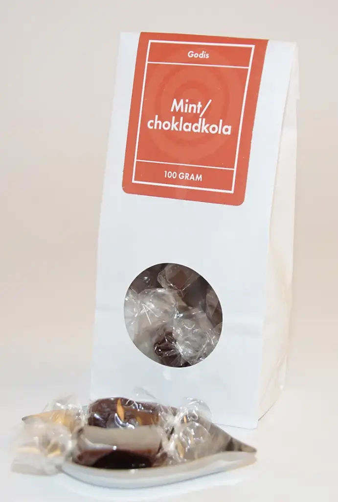 Mint/Chocolate caramel kolafabriken white bag with window 100g