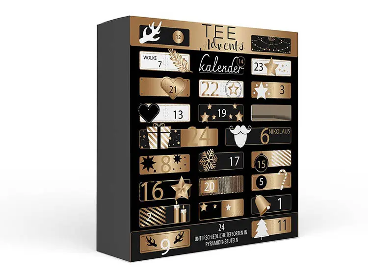 Tekalender 24 teer svart/guld kartong 370x92x410mm