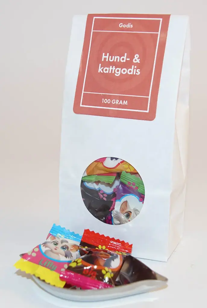 Hund och kattgodis vit påse med fönster 100g