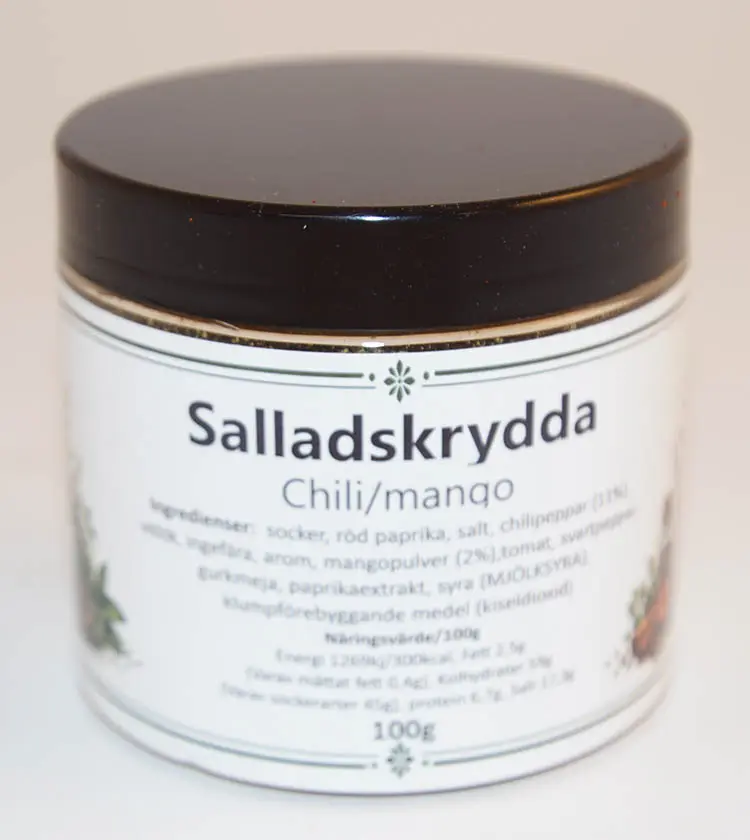 Salladskrydda chili/mango i petburk med svart lock 100g