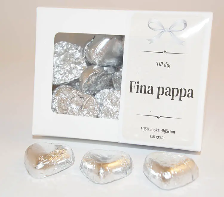 Chokladhjärtan silver papper i ask C 150g Fina Pappa