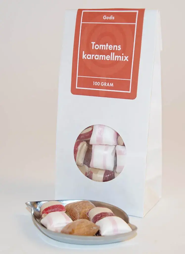 Tomtens karamellmix vit påse med fönster 100g
