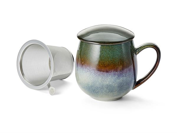 Mug dark green  glazed with insert strainer and lid