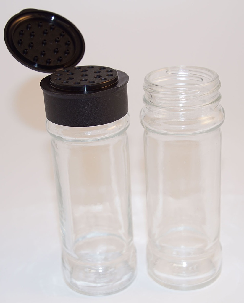 Kryddströare i glas med svart lock