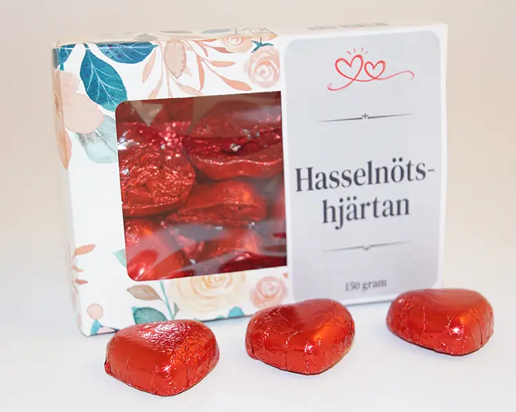 Hasselnötshjärtan RÖDA i ask 150g  A
