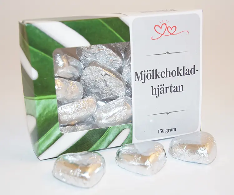 Chokladhjärtan silver papper i ask D 150g