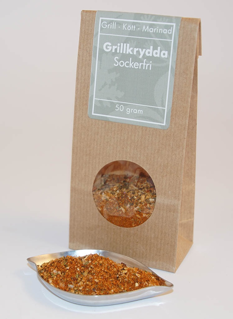 Grillkrydda sockerfri brun påse med fönster 50g