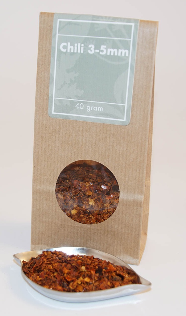 Chili 2-4 mm krydda brun påse med fönster 40g