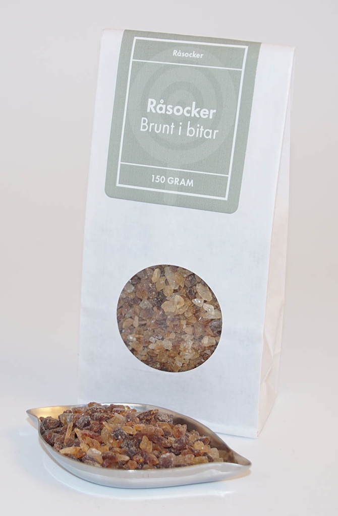 Råsocker brunt bitar vit påse med fönster 150g