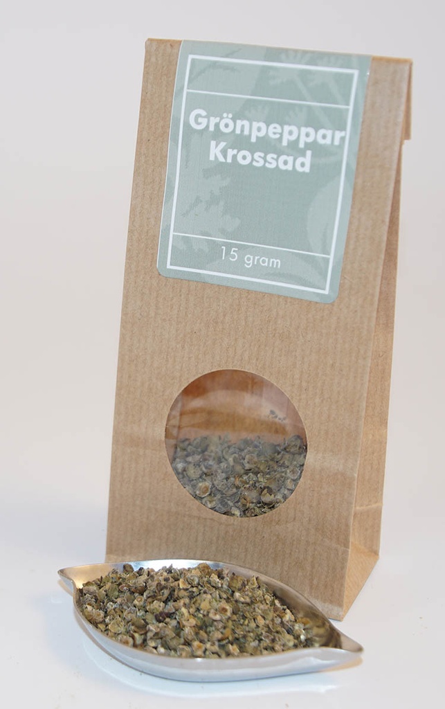 Grönpeppar kross brun påse med fönster 15g