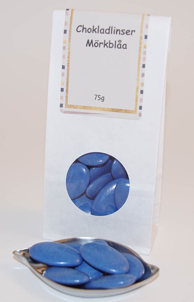Chocolate lentils Dark blue white bag with window 75g
