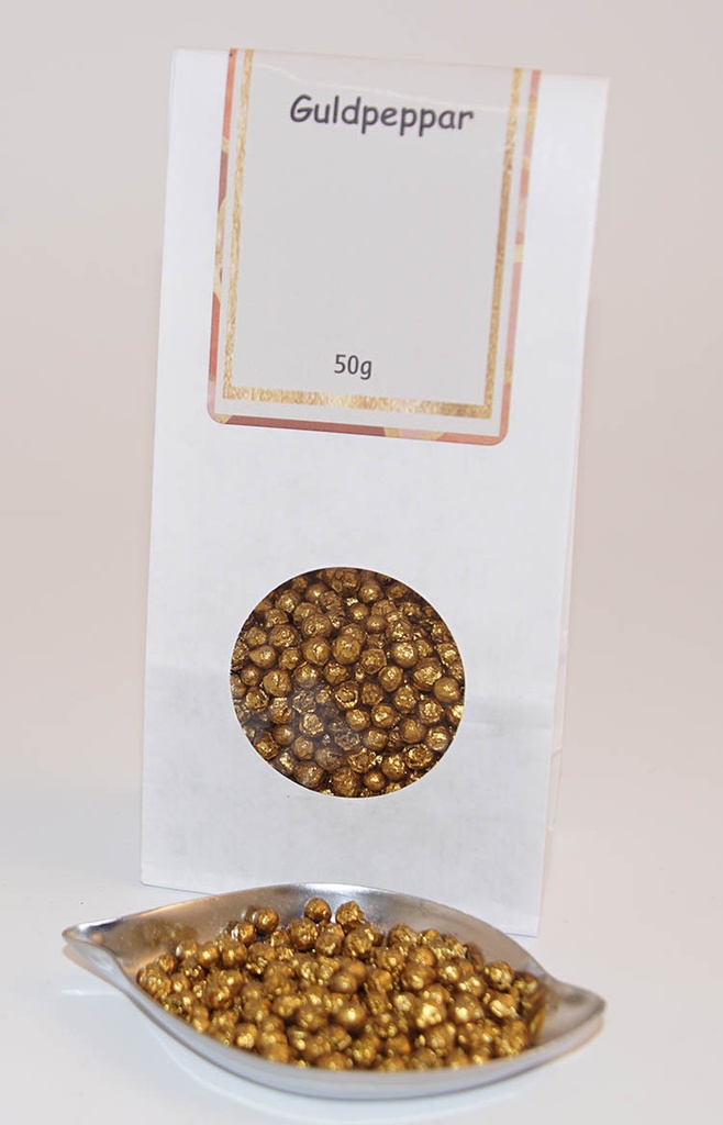 Dekoration Guldpeppar vit påse med fönster 50g