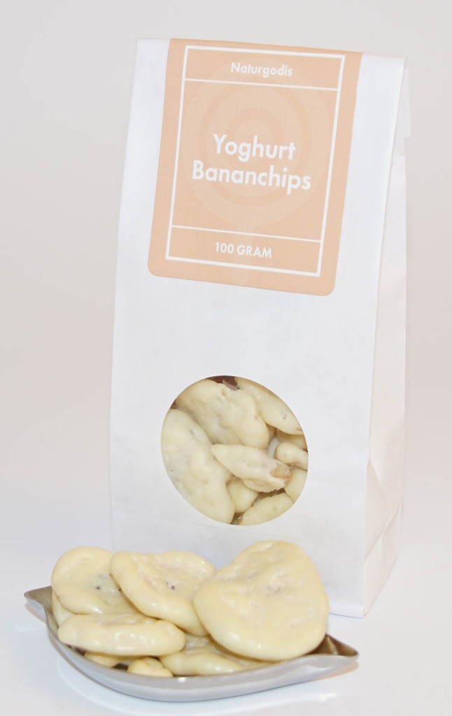 Yoghurt banana chips white bag with window 100g