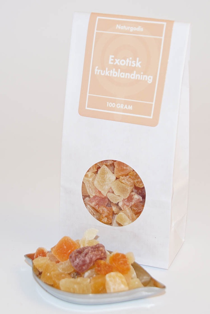 Exotisk fruktblandning vit påse med fönster 100g
