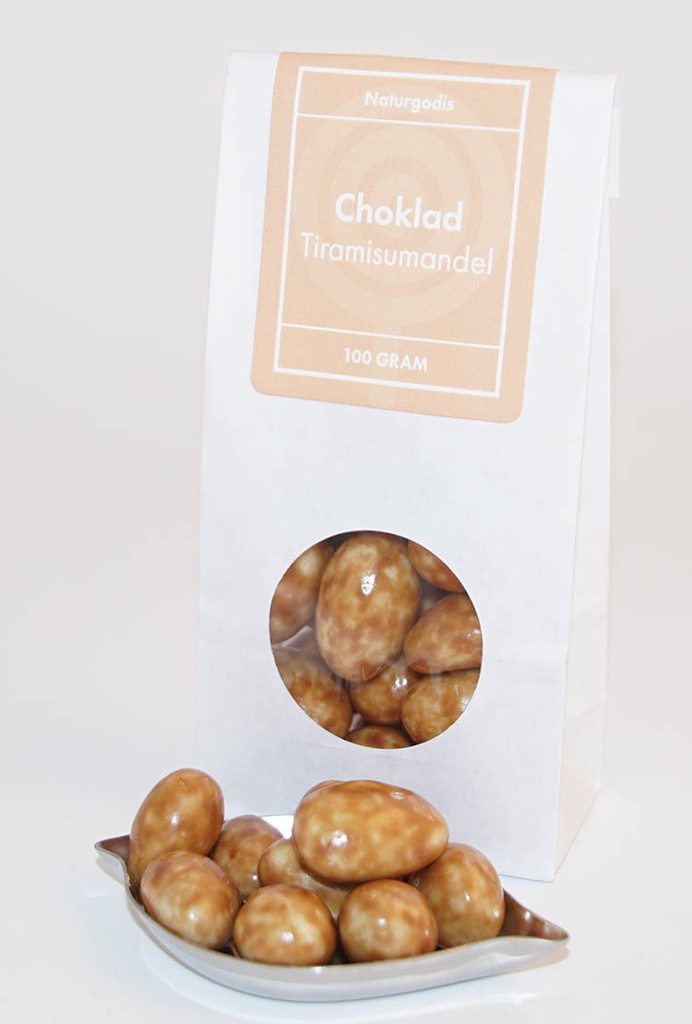 Choklad Tiramisu Mandel vit påse med fönster 100g