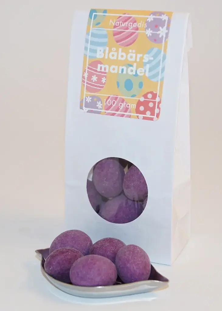 Blåbärsmandel vit påse med fönster 100g