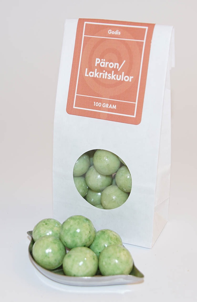 Pear/liquorice ball Chokly white bag with window 100g