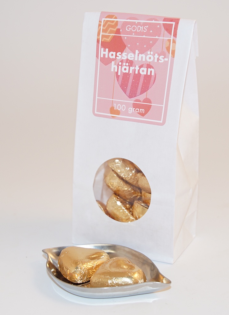 Hazelnut heart Gold paper white bag with window 100g