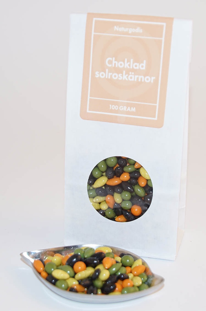Choklad solroskärnor vit påse med fönster 100g