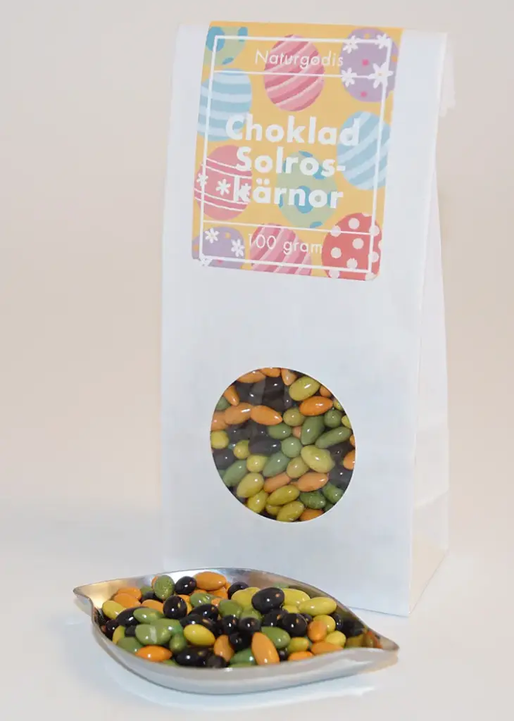 Choklad solroskärnor vit påse med fönster 100g