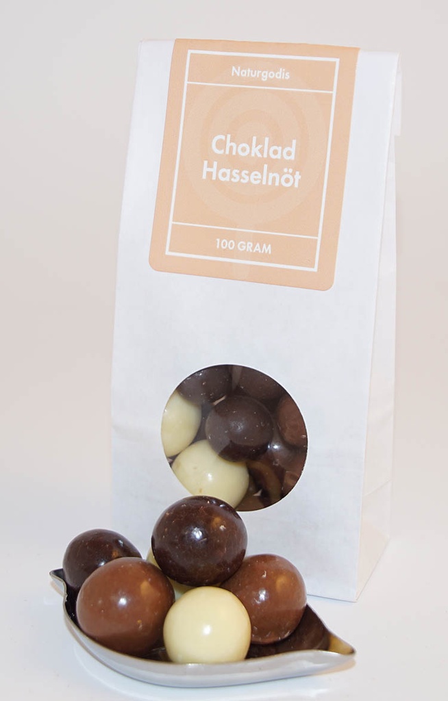 Chocolate hazelnut white bag with window 100g