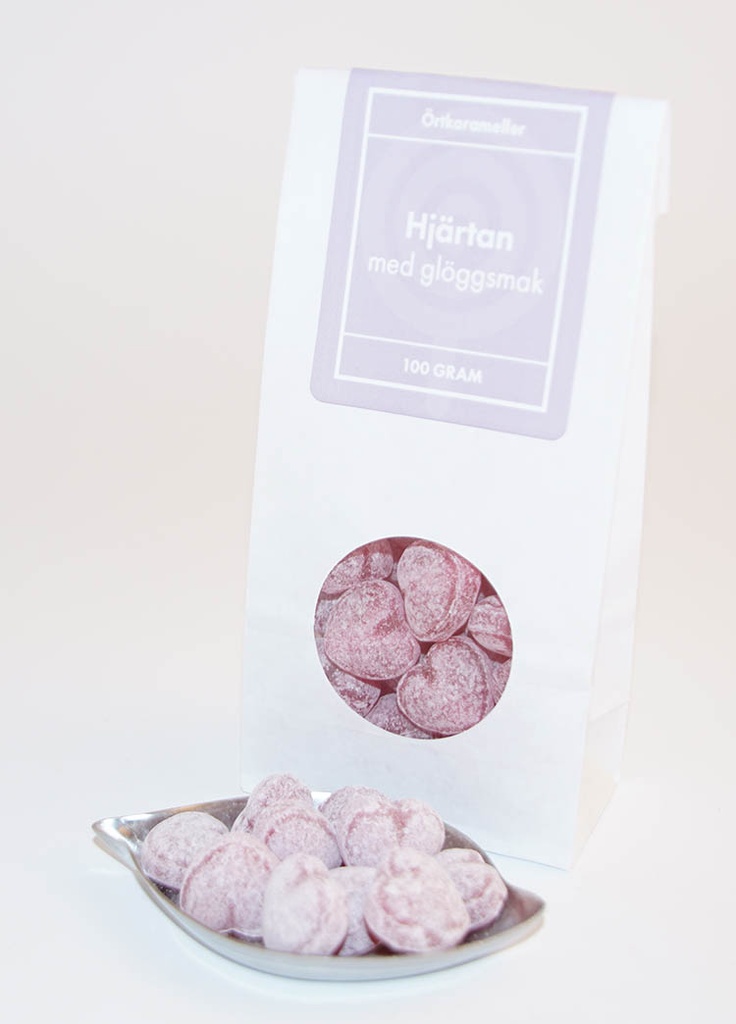 Hearts with mulled wine flavour herbal candies white bag with window 100g