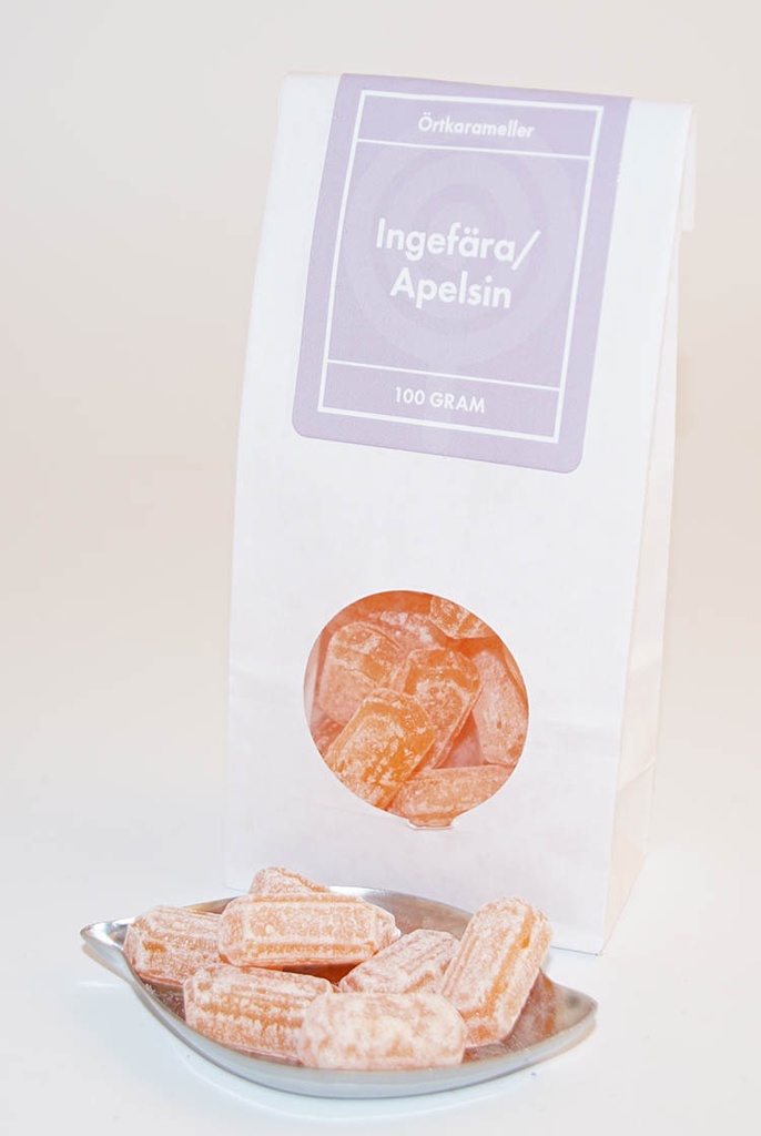 Ingefära/apelsin örtkarameller vit påse med fönster 100g
