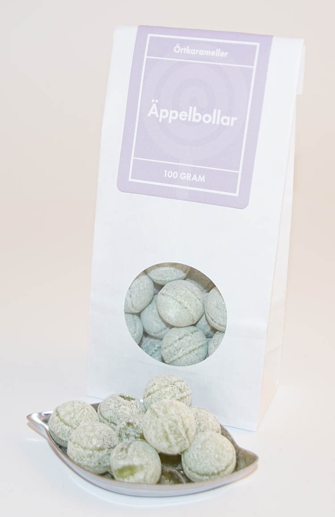 Äppelbollar örtkarameller vit påse med fönster 100g