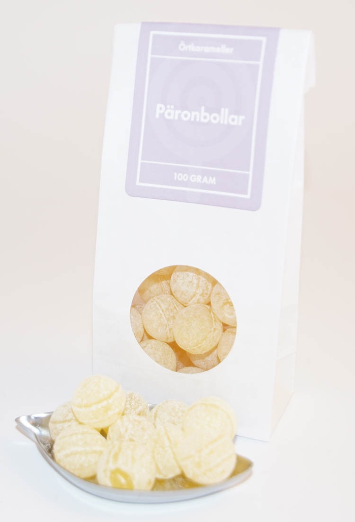 Päronbollar örtkarameller vit påse med fönster 100g