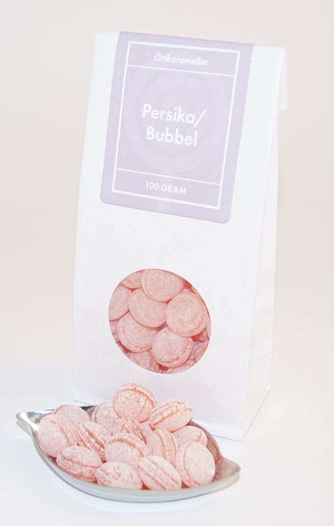 Persika/bubbel örtkarameller vit påse med fönster 100g