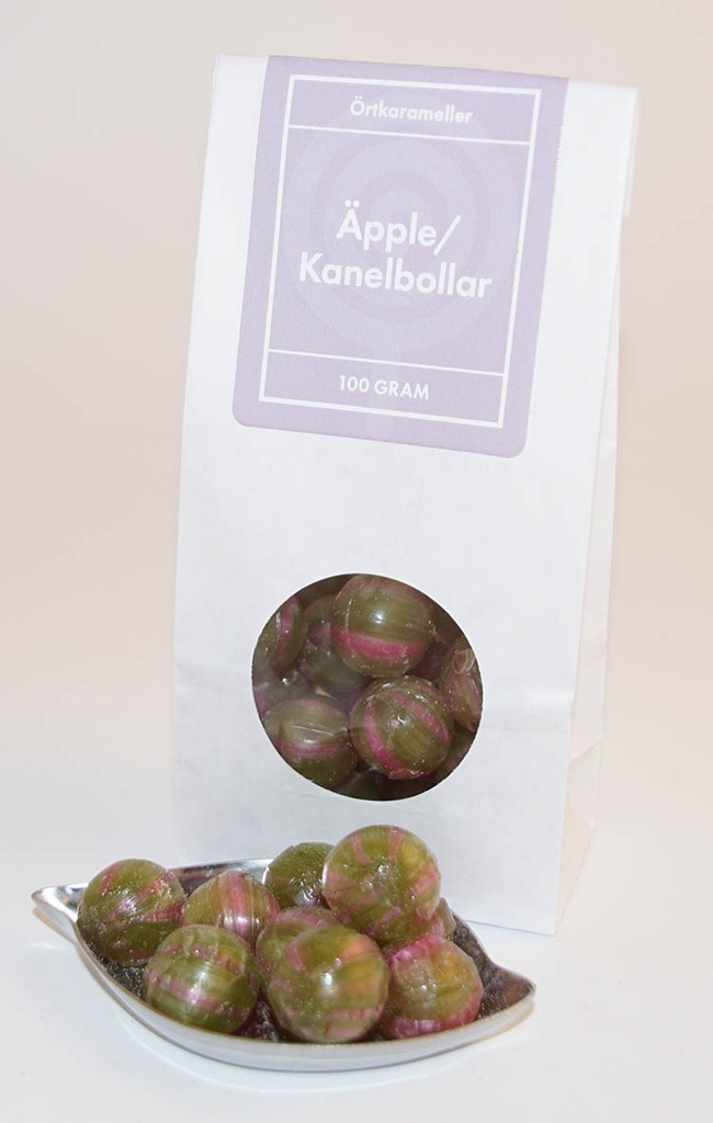 Apple/cinnamon balls herbal candies white bag with window 100g