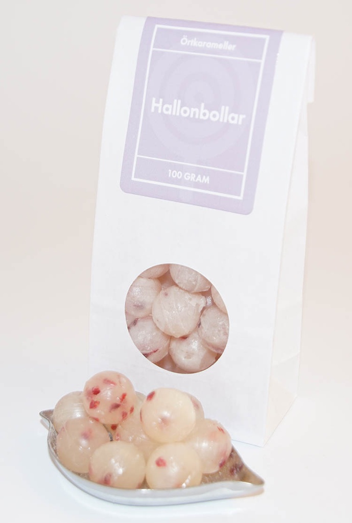 Raspberry balls herbal candies white bag with window 100g
