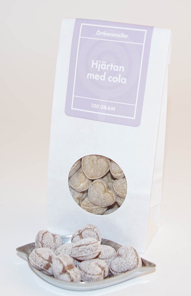 Hearts with cola herbal candies white bag with window 100g