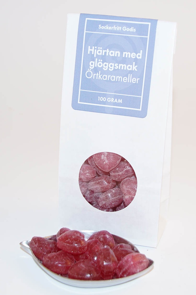 Hearts with mulled wine Sugar-free herbal candies white bag with window 100g