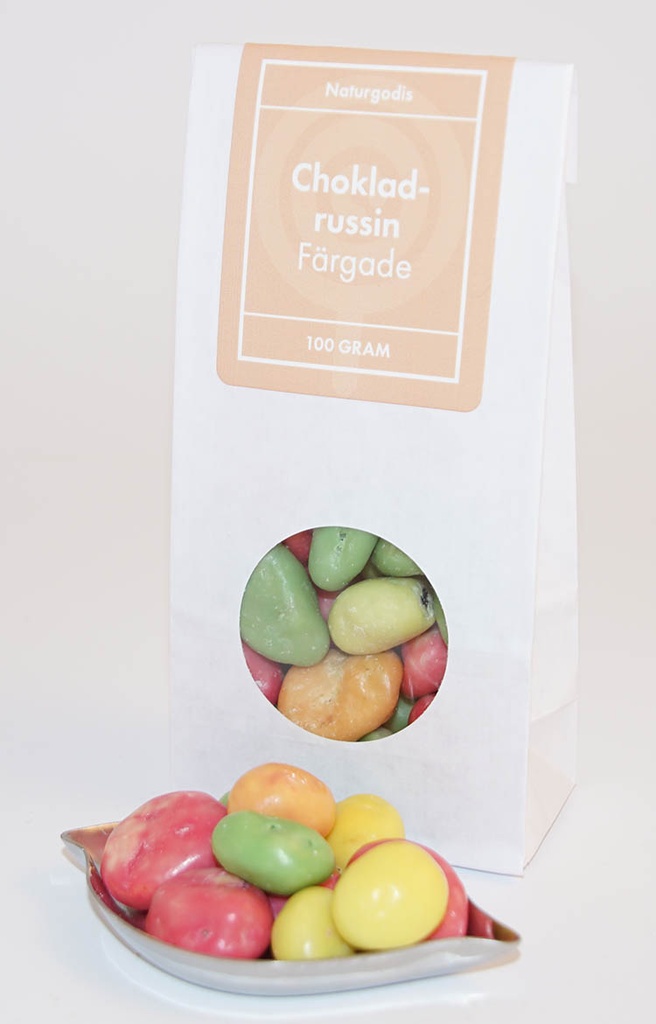 Chocolate raisins coloured white bag with window 100g
