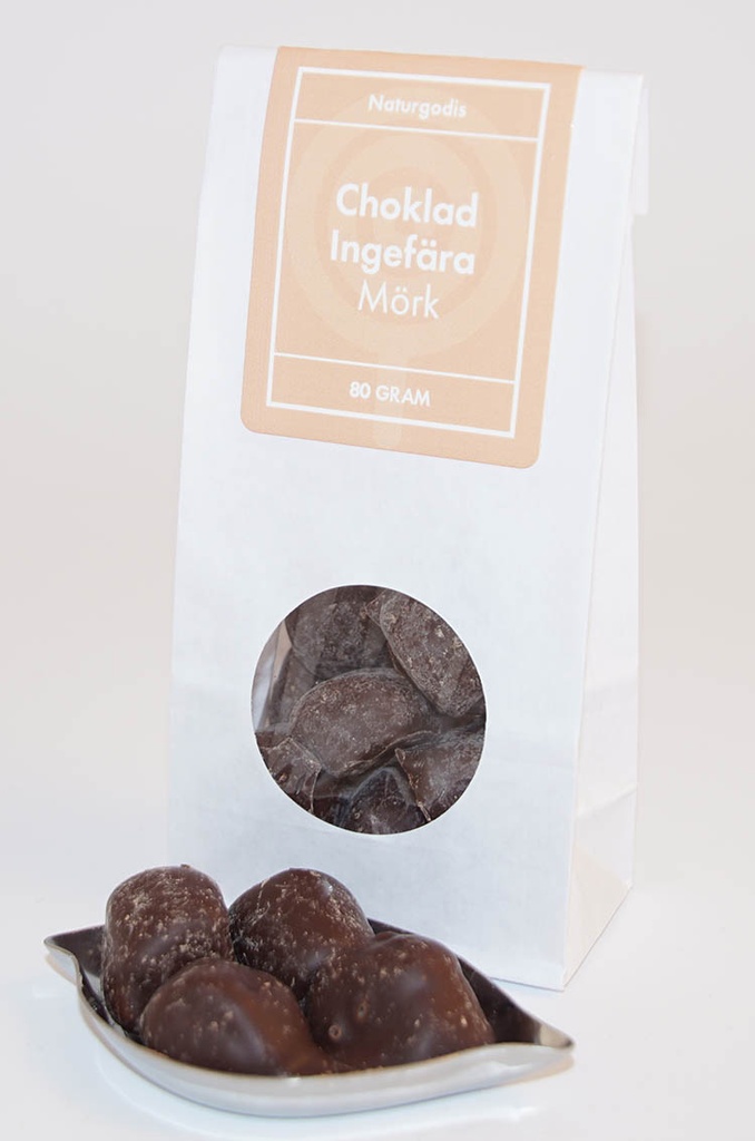 Choklad ingefära MÖRK vit påse med fönster 80g